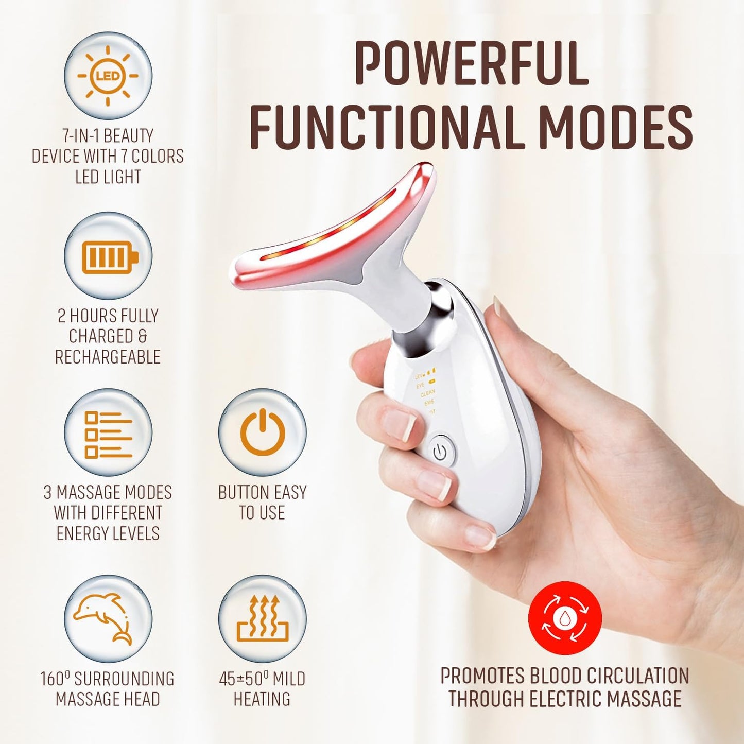 7 Colour LED Face Massager for Skin Tightening, Anti-Aging & Wrinkle Removal, Red Light Therapy, EMS Face Toning, 3 Modes, Portable Skincare Device for Face and Neck