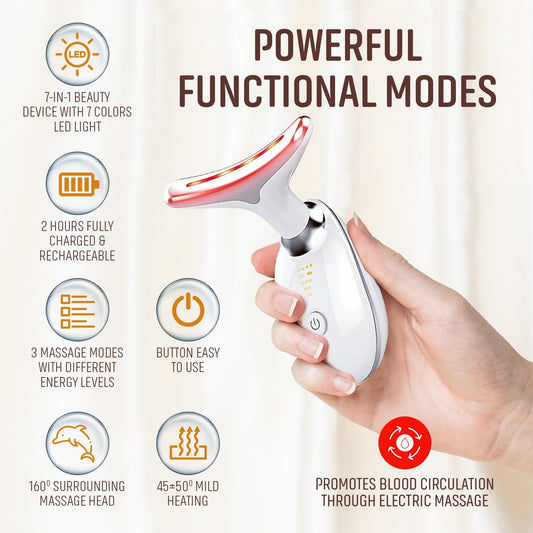 7 Colour LED Face Massager for Skin Tightening, Anti-Aging & Wrinkle Removal, Red Light Therapy, EMS Face Toning, 3 Modes, Portable Skincare Device for Face and Neck